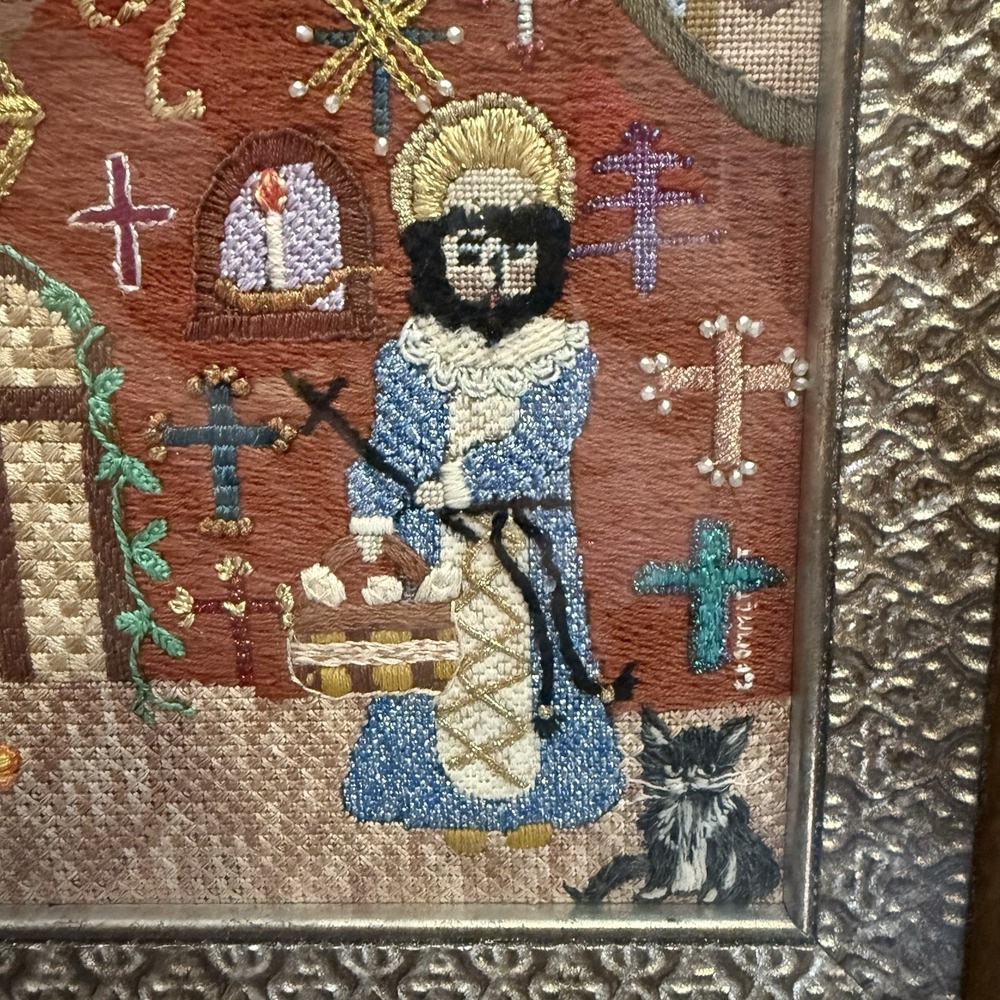 VTG Crewel Religious Needlepoint Priest‎ Saint Cats Dogs Wall Art 17"x16" Church - Picture 3 of 13